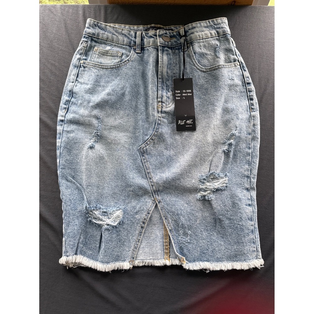 Blue Age Distressed Denim Skirt Medium Blue Wash Raw Hem M